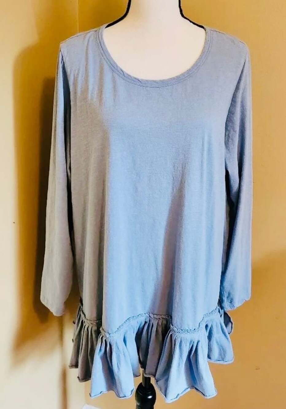 LOGO by Lori Goldstein Slub Cotton Ruffle Hem Long Sleeve Top Blue 2X